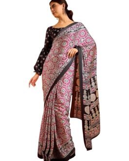 AKHILAM Women’s Multicolor Crepe Ajrak Printed Saree With Unstitched Blouse (KAJRKH386001_RJ11_Parent)