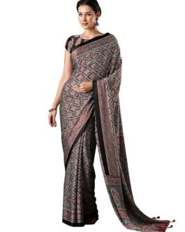 AKHILAM Women’s Multicolor Crepe Ajrak Printed Saree with Unstitched Blouse Piece(MOHAR201A_HS11_Parent)