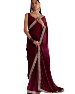 AKHILAM Women’s Satin Solid Printed Saree With Unstitched Blouse (RADHA1001_RX_Parent)