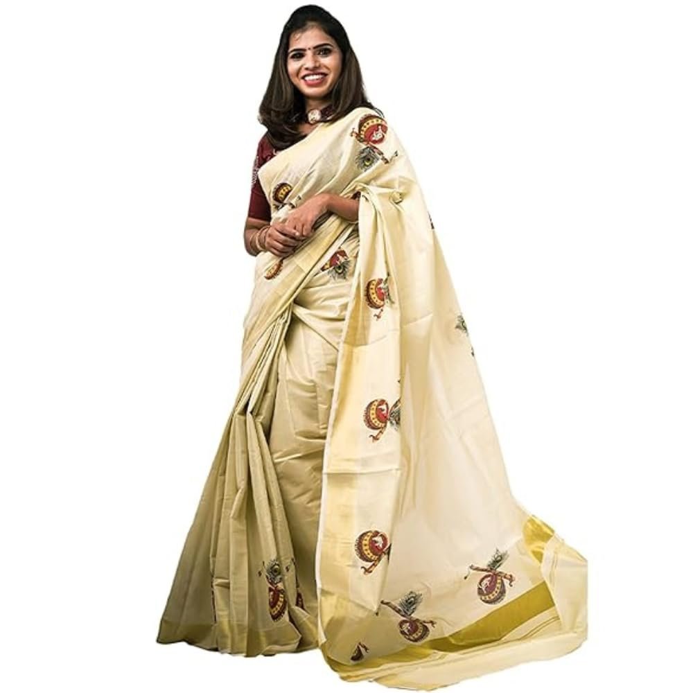 ALLUVY Women’s Kuthampully Kerala Kasavu Saree Tissue Mural Painted | Traditional South Indian Saree | Onam Saree – Multi Color BOM-655