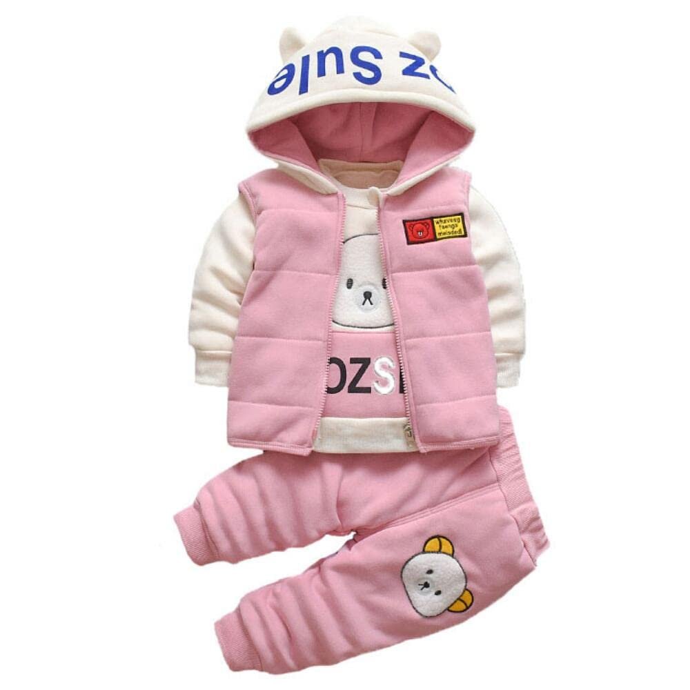 Bold N Elegant 3D Fur Bear Cartoon Thick Winter Warm T-shirt Pant with Hood Jacket 3 Pc Clothing Set for Infant Toddler Kids