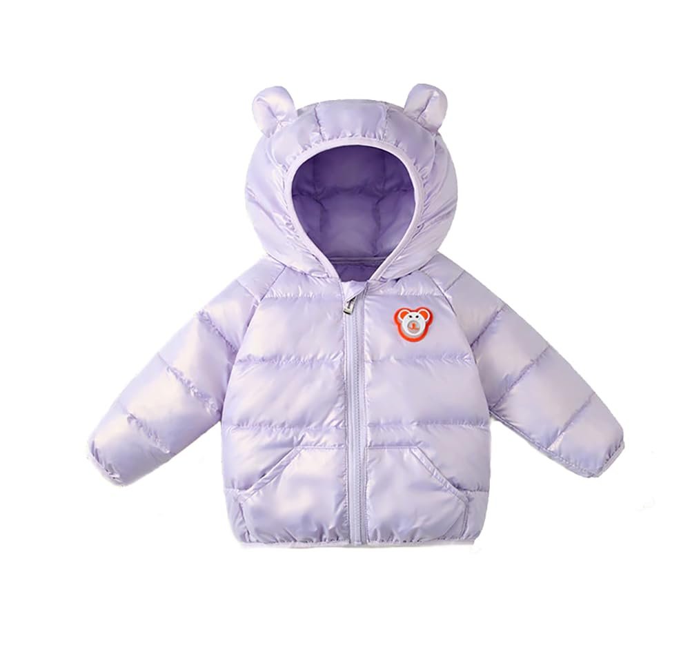 Bold N Elegant Cartoon Bear Kids Shiny Sparkling Quilted Winter Warm Standard Length Wool Blend Hood Jacket Coat Bomber Puffer Jacket for Boys Girls Kids