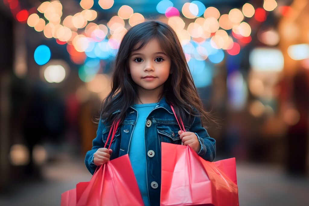 Cute girl holding shopping bags in a festive street with bokeh lights at night