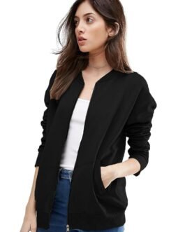 LEOTUDE Women’s Standard Length Casual Jacket For Loose Fit Drop Shoulder Loopknit Bomber Jacket With Zipper Closure And Side Pockets (Color Black)