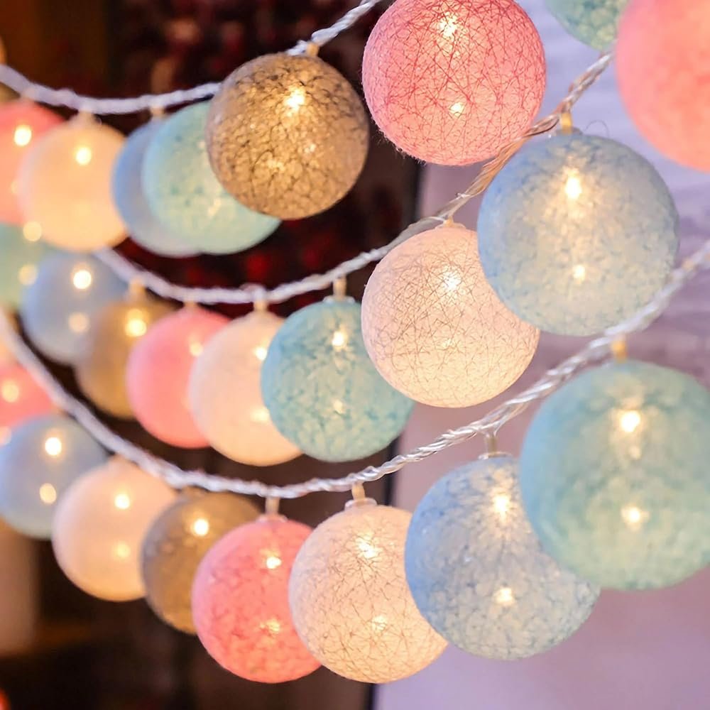 Party Propz Multicolour Cotton Ball Lights for Decoration – 4 Meter, 10 LED Series Lights for Home Decoration, Christmas Decorations Lights, Christmas Led Lights for Home…