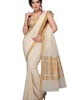 R SELVAMANI TEX Women’s Selvamani Tex Cotton Kerala Kasavu Zari Saree With Blouse, Off white