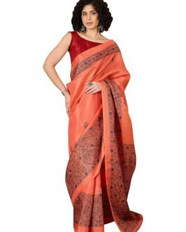 SAREE MALL Women’s Orange Tussar Silk Madhubani Printed Ready To Wear one Minute Saree With Unstitched Blouse (RTWFF0MDB8404E_HS)