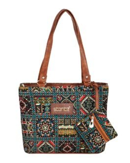 Storite Women’s Tote Bag With Leather Handles & Embroidery Printed Handbag With Zip Pockets, Shoulder Tote Bag And Handbag For Office And College (30x25x9.5Cm), Multicolor