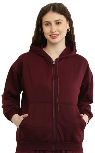 Womens Zipper Jacket Fleece Fabric Sweatshirt Latest Solid Stylish Hoodies Full Sleeves Winter Wear Regular Fit for Women